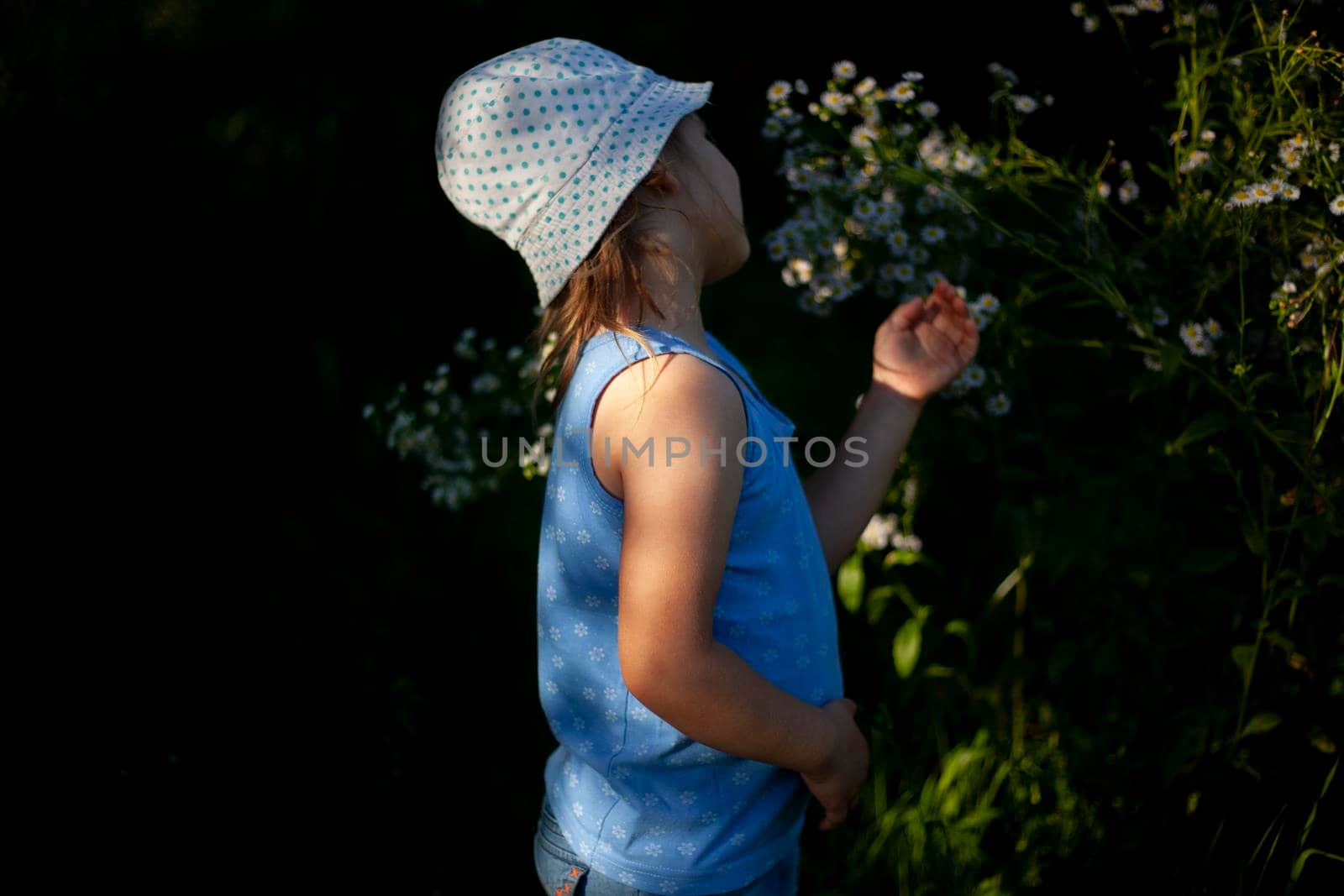 Child looks at flower. Girl looks at plant. Holidays at first-grader. Exploring natural world. Panama from sun.