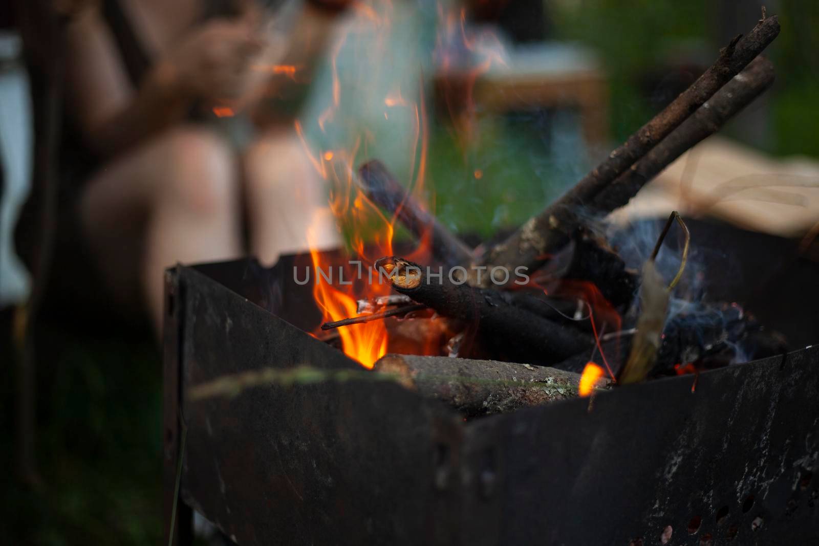 Dry branches burn. Picnic in nature. Coal preparation. Burning firewood.