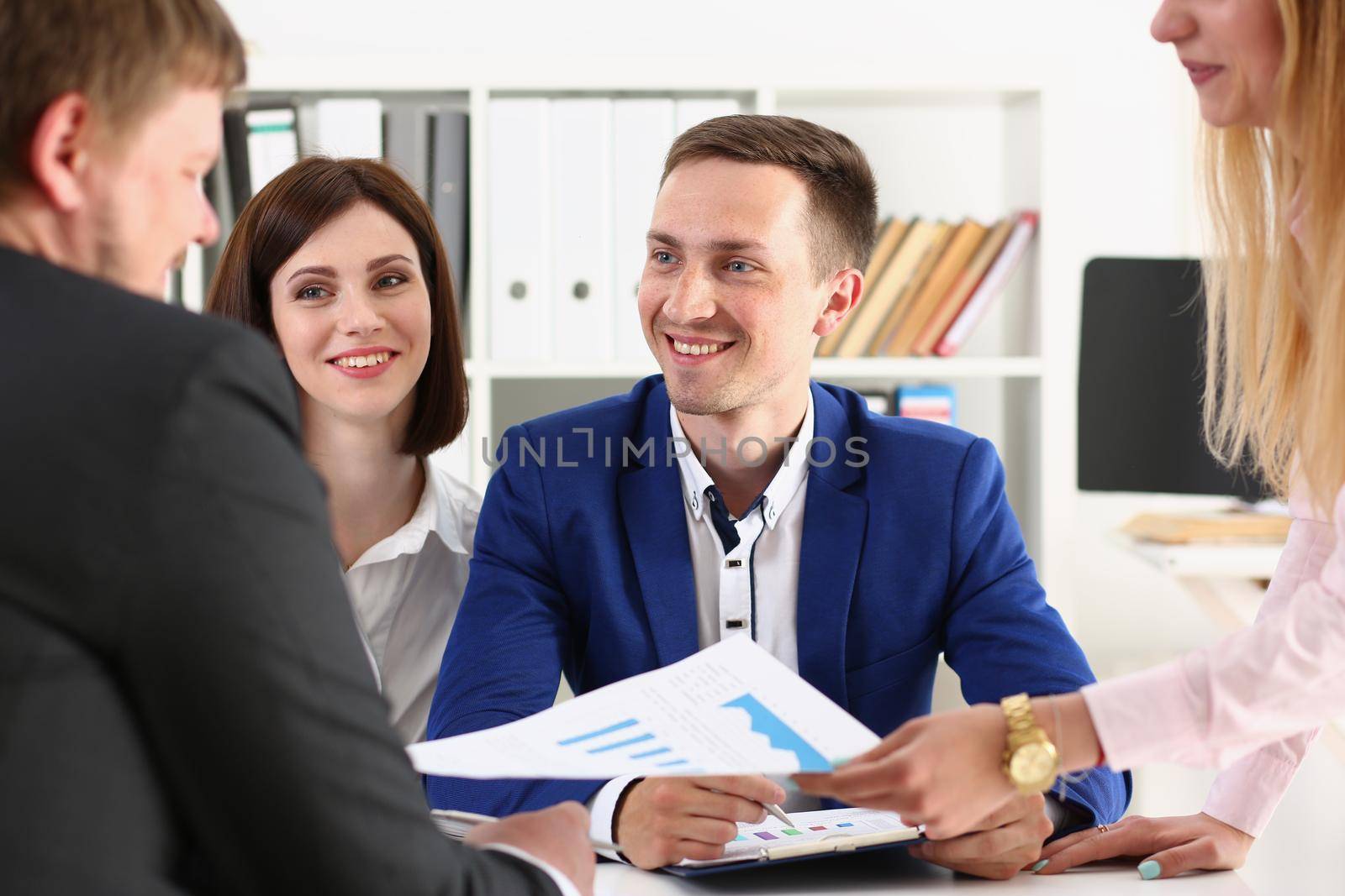 Portrait of businesspeople present product to biz partner, manager showing finance statistics. Meeting for beneficial deal, development, growth concept