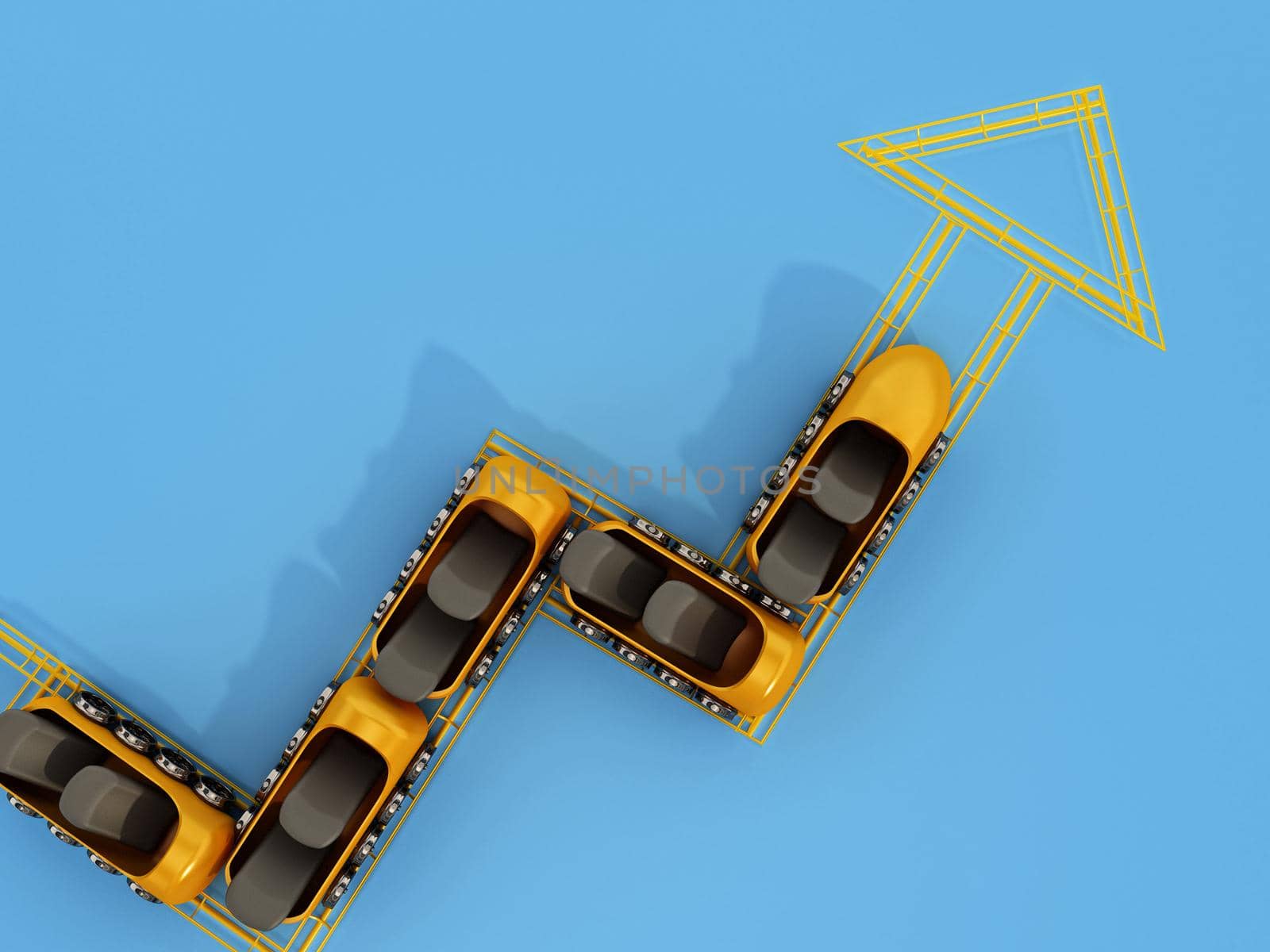 Roller coaster following a rising arrow shaped track. 3D illustration.