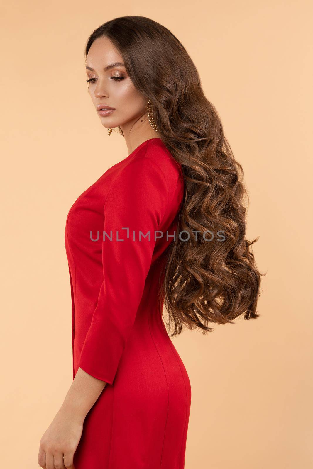 Side view of elegant gorgeous brunette woman with long wavy hairstyle and make-up wearing classic red dress. Isolate. Studio shot.