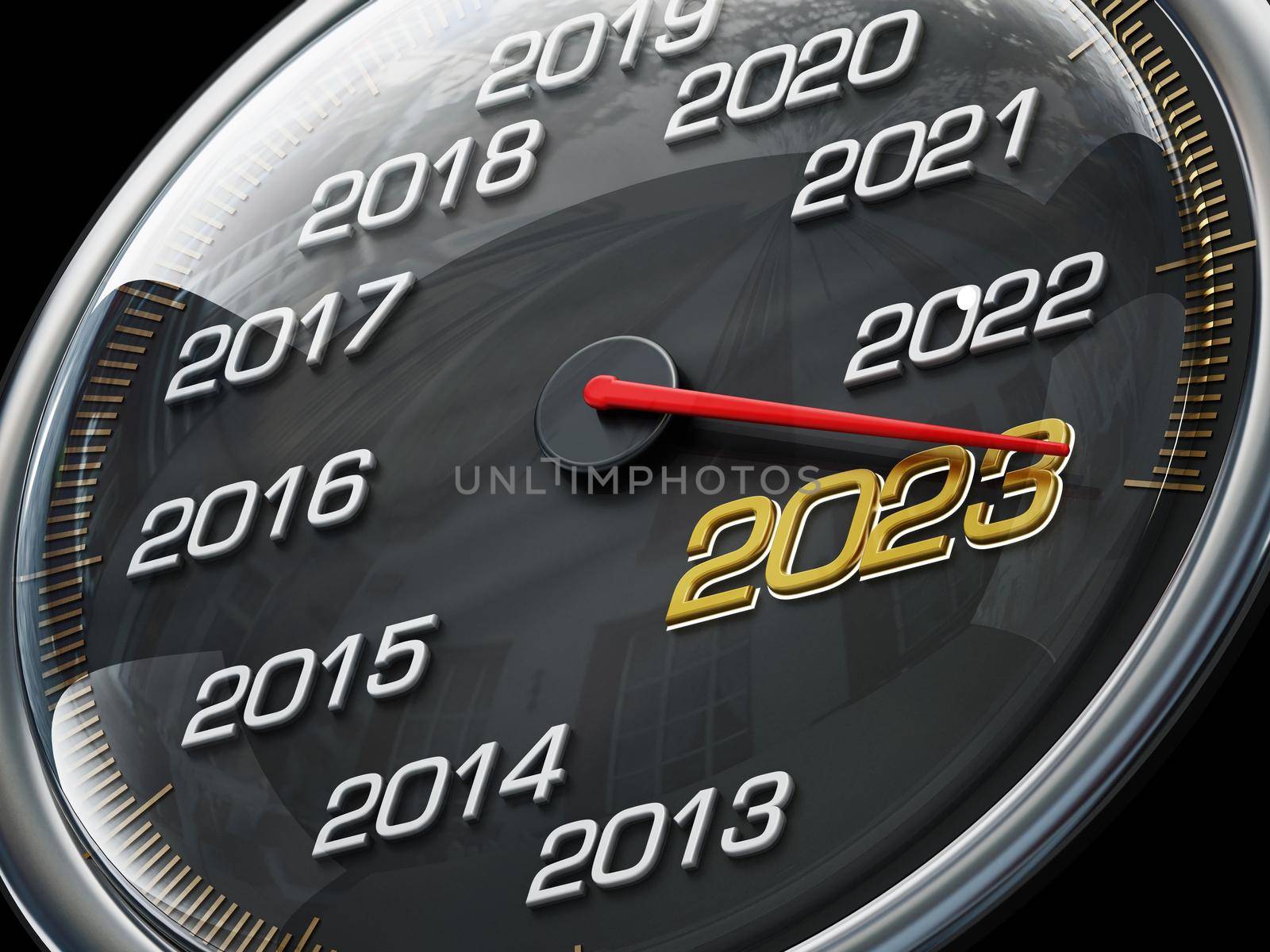 Speedometer needle pointing the year 2023. 3D illustration by Simsek