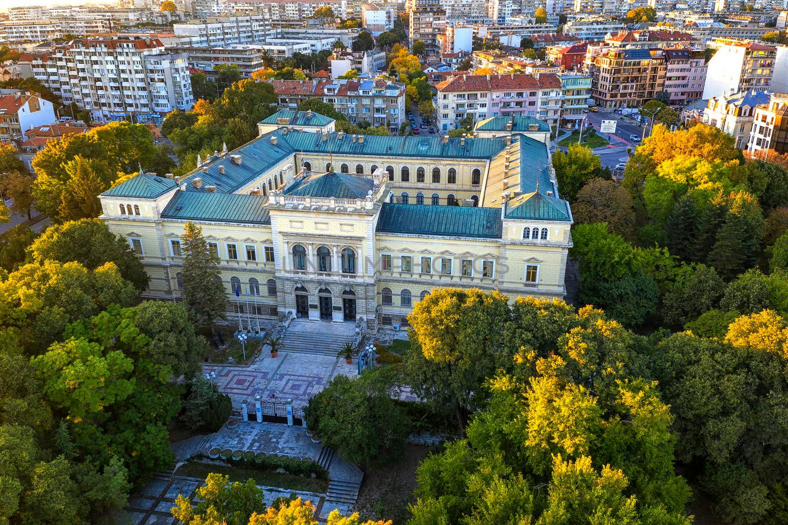 Varna, Bulgaria - October 14, 2019: Aerial view from drone of the building of the Archaeological Museum, Varna, Bulgar