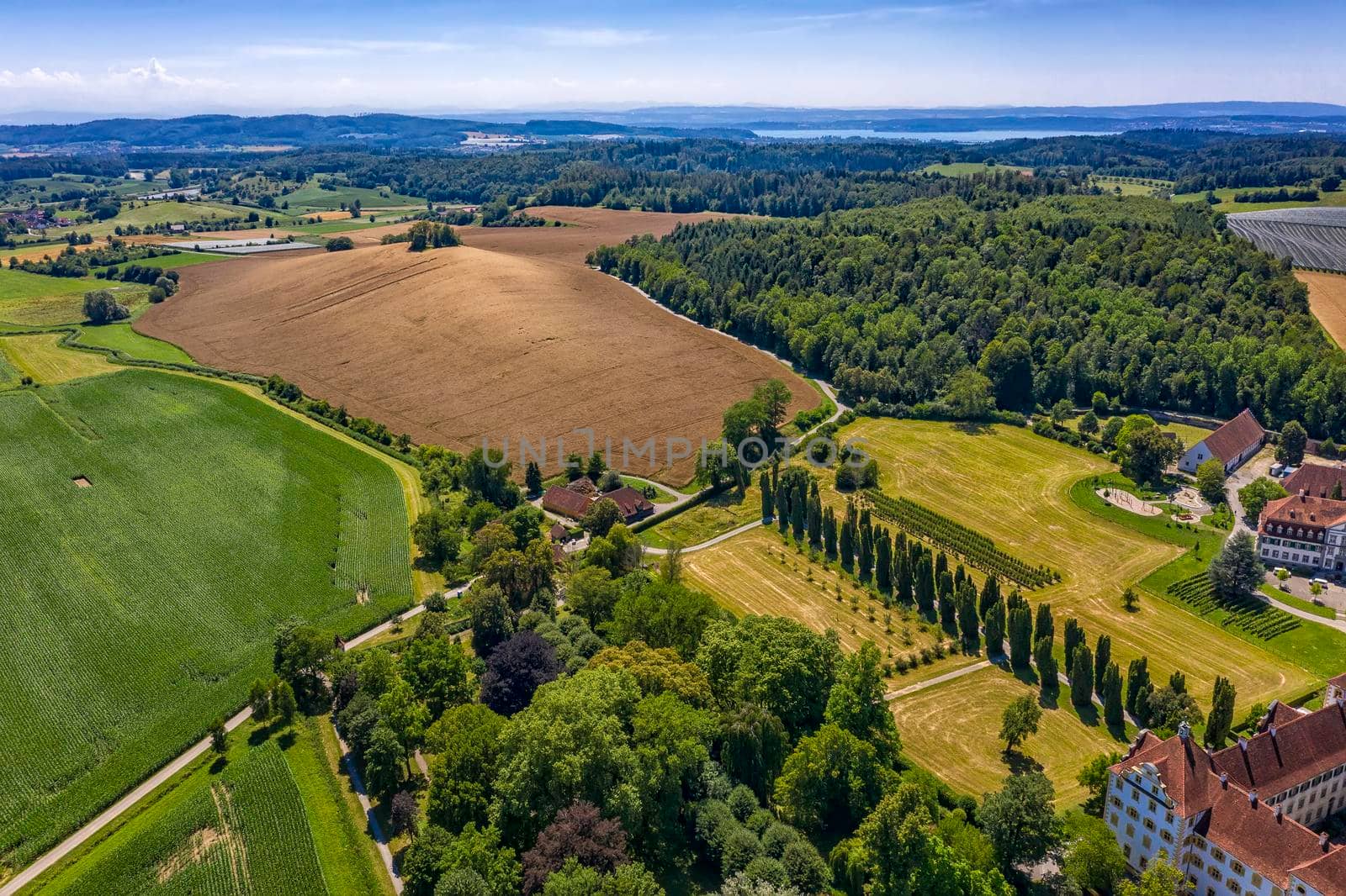 Aerial  view from drone of beautiful fresh green cultivated fields in Germany