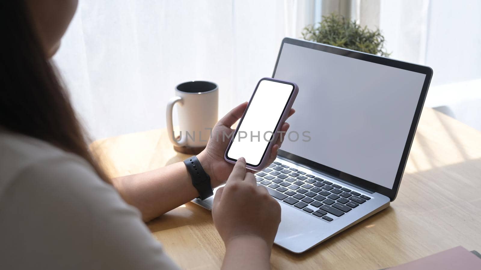 Woman sitting in bright living room and using mobile phone, checking social media.