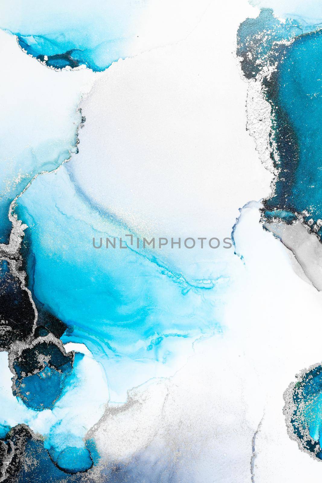 Blue silver abstract background of marble liquid ink art painting on paper . Image of original artwork watercolor alcohol ink paint on high quality paper texture .