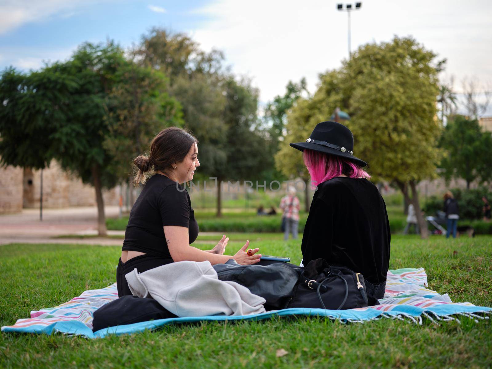 horizontal full view of two women sitting on a picnic blanket in the park talking about make up characterization