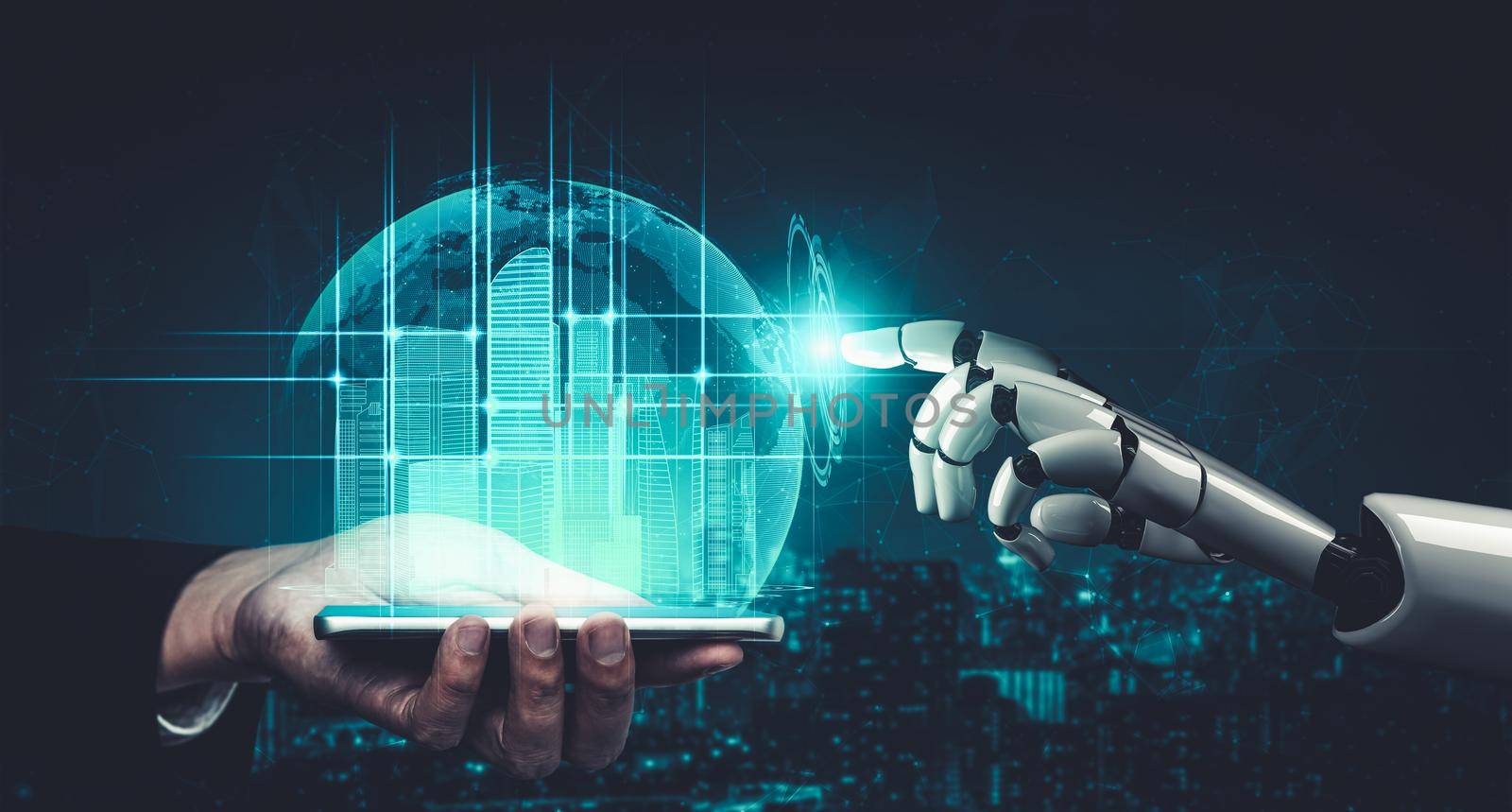 3D rendering artificial intelligence AI research of droid robot and cyborg development for future of people living. Digital data mining and machine learning technology design for computer brain.