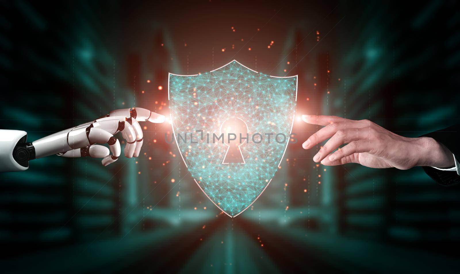3D rendering artificial intelligence AI research of robot and cyborg development for future of people living. Digital data mining and machine learning technology design for computer brain.