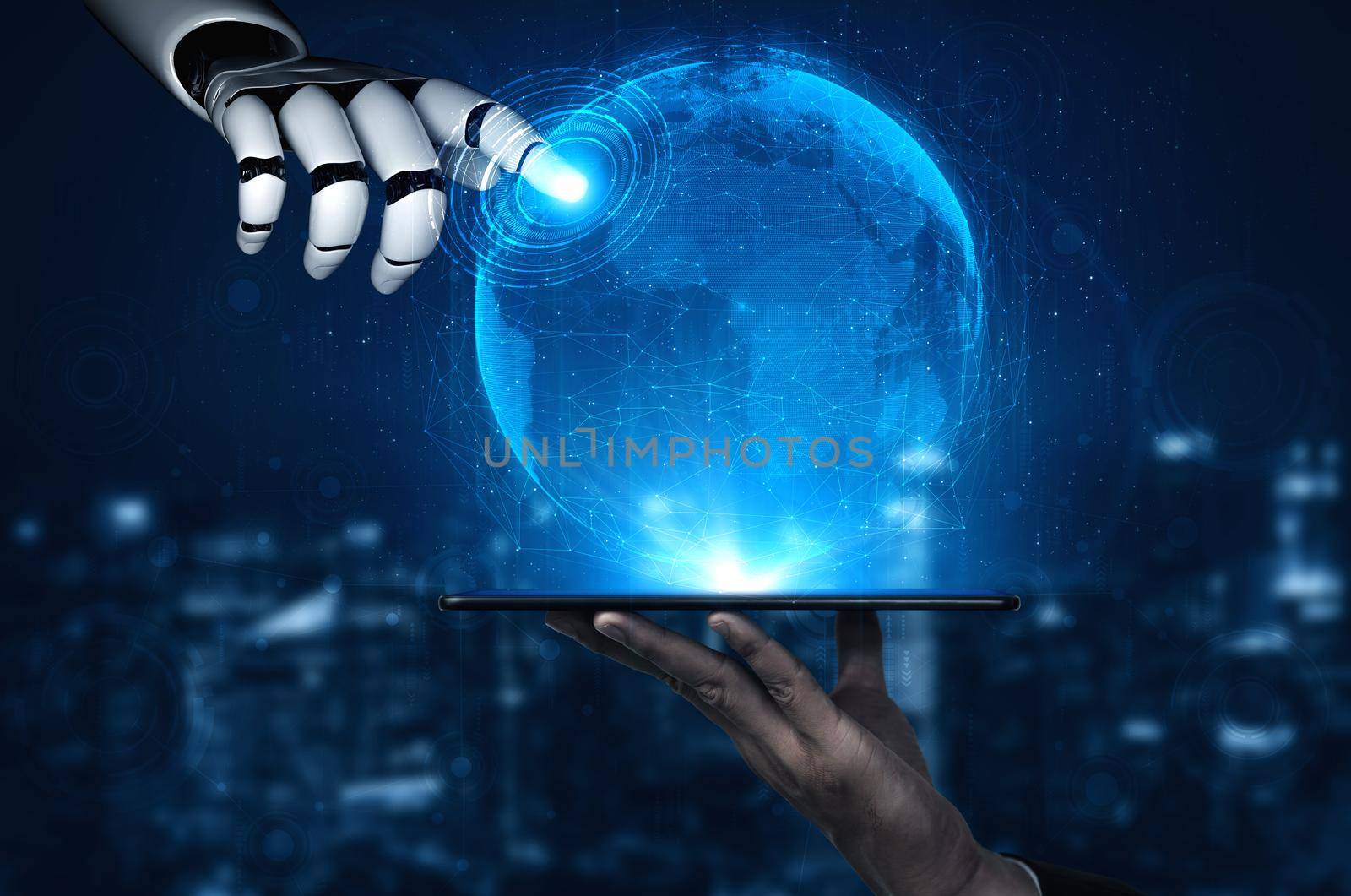 3D rendering artificial intelligence AI research of robot and cyborg development for future of people living. Digital data mining and machine learning technology design for computer brain.