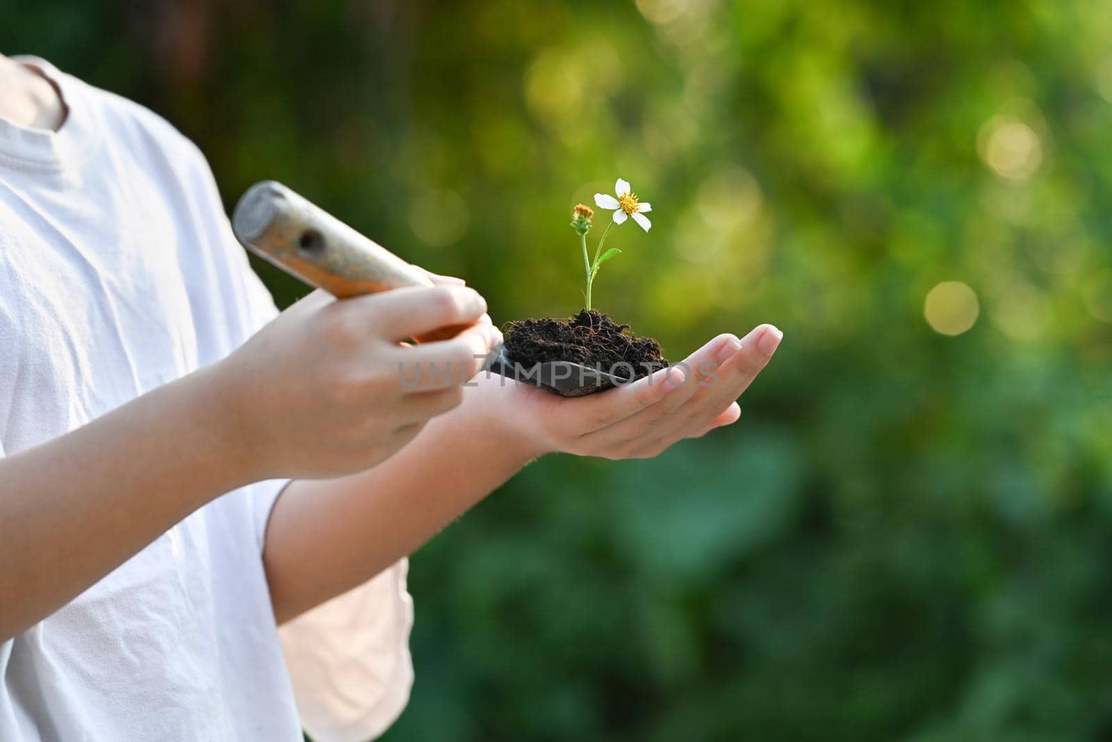 Little girl hand holding garden shovel with plant against blurred green nature background. Concept of saving the world, earth day.