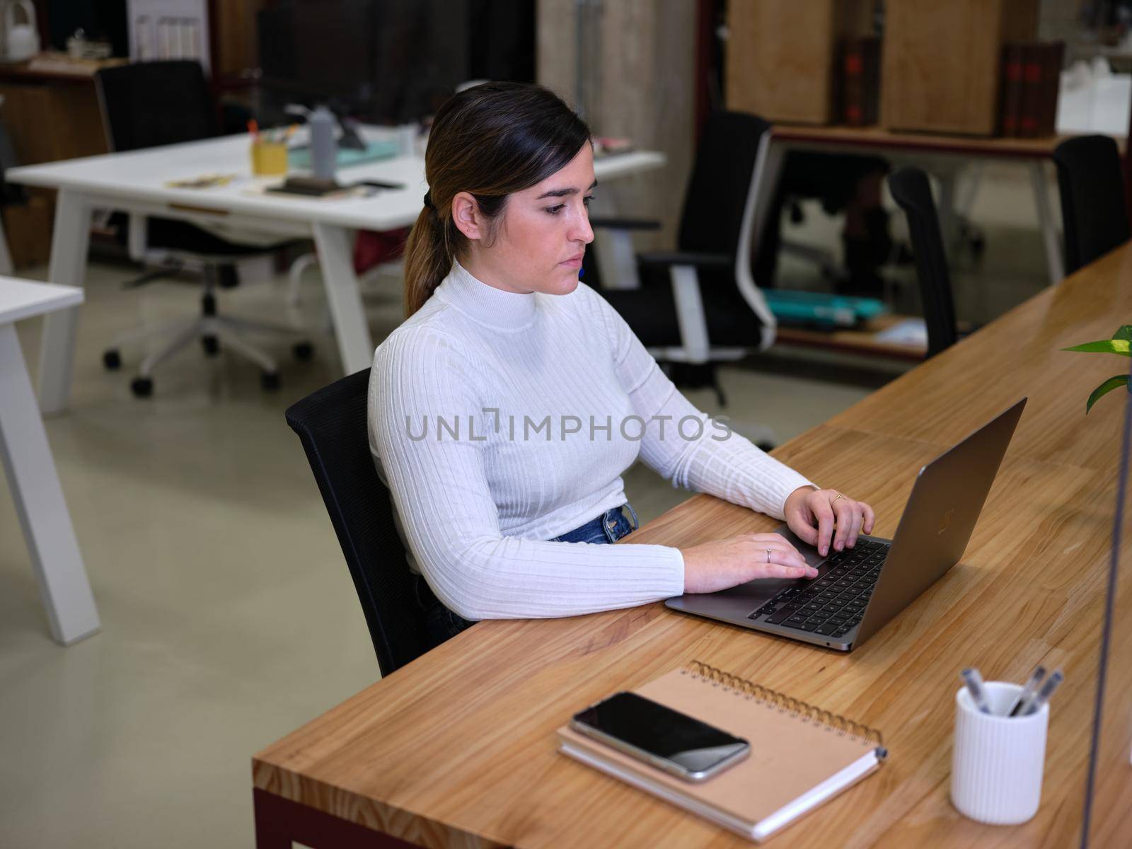 adult girl working at her laptop in a coworking space by WesternExoticStockers