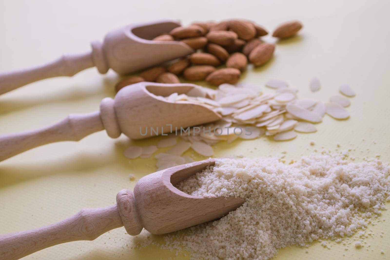 almonds, flakes and flour made from it. top view. High quality photo