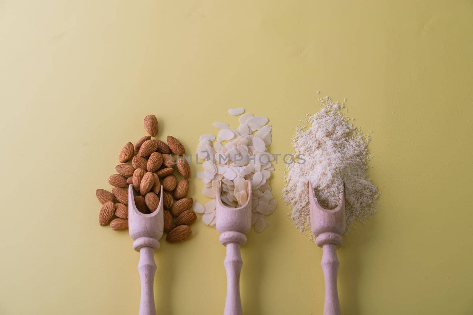 almonds, flakes and flour made from it. top view. High quality photo