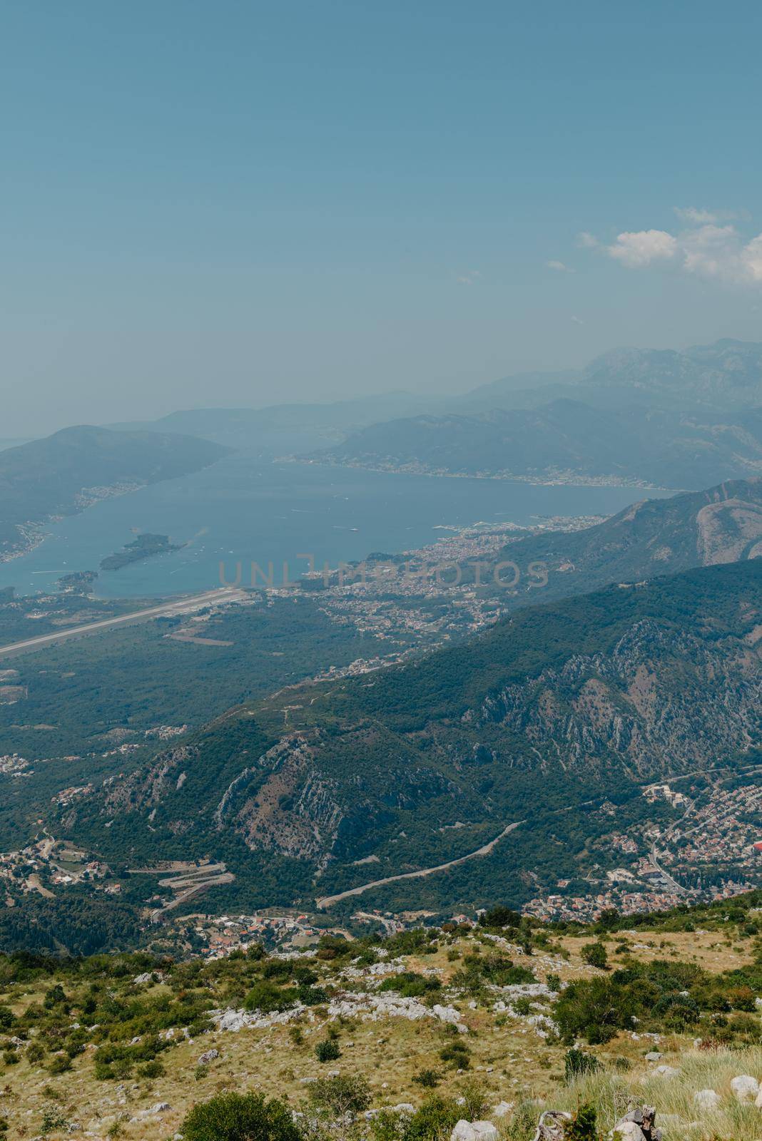 Beautiful nature mountains landscape. Kotor bay, Montenegro. Views of the Boka Bay, with the cities of Kotor and Tivat with the top of the mountain, Montenegro.