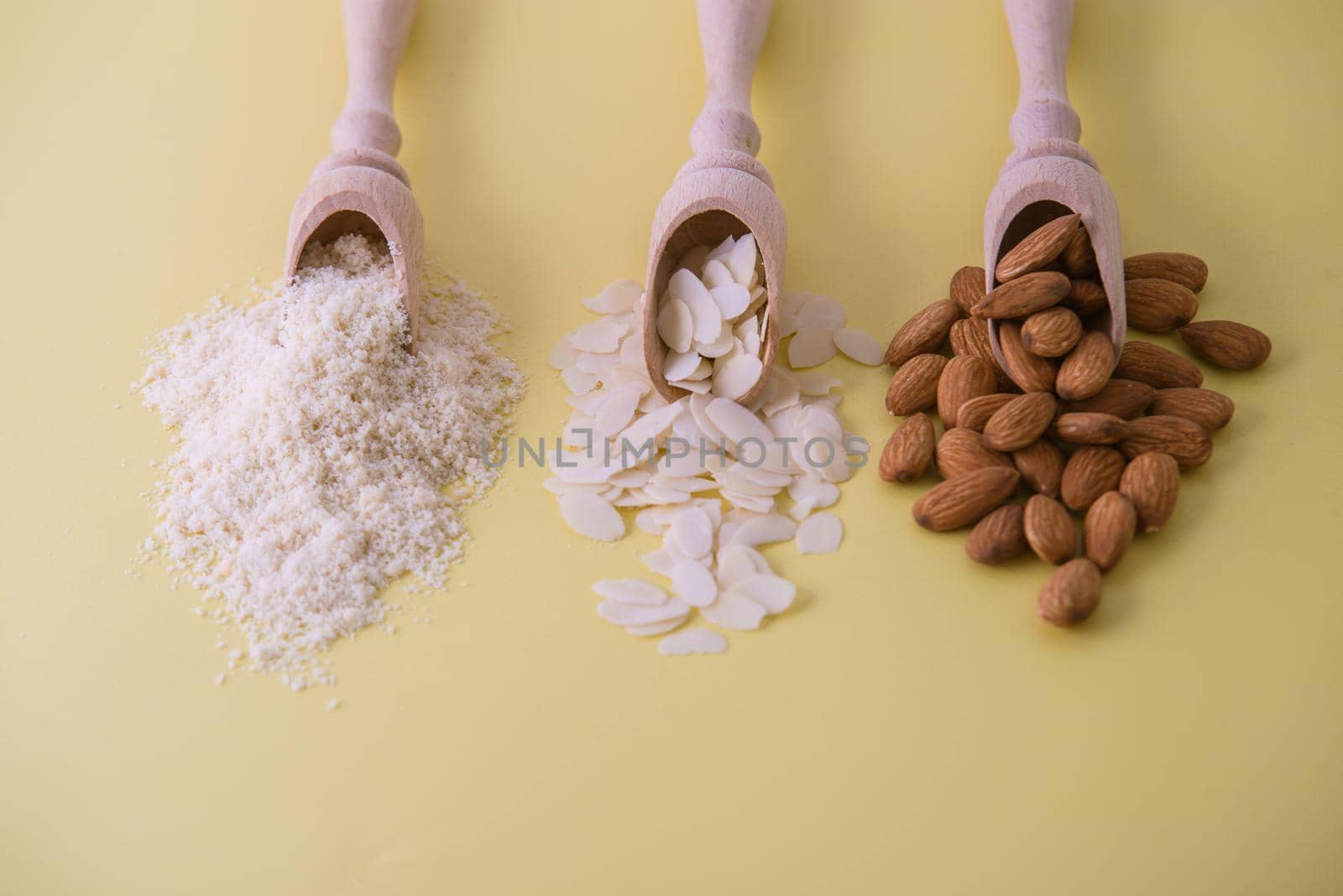 almonds, flakes and flour made from it. top view. High quality photo