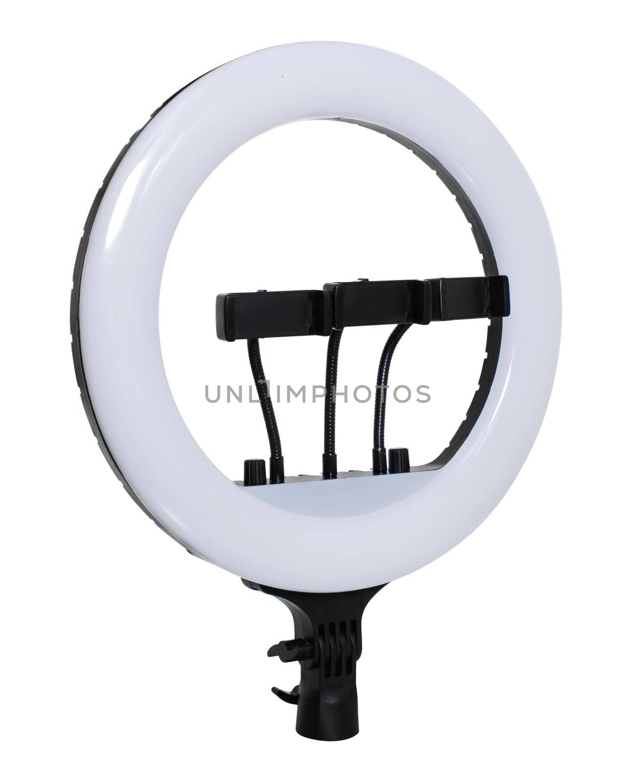 selfie ring lamp with smartphone holder isolated on white background