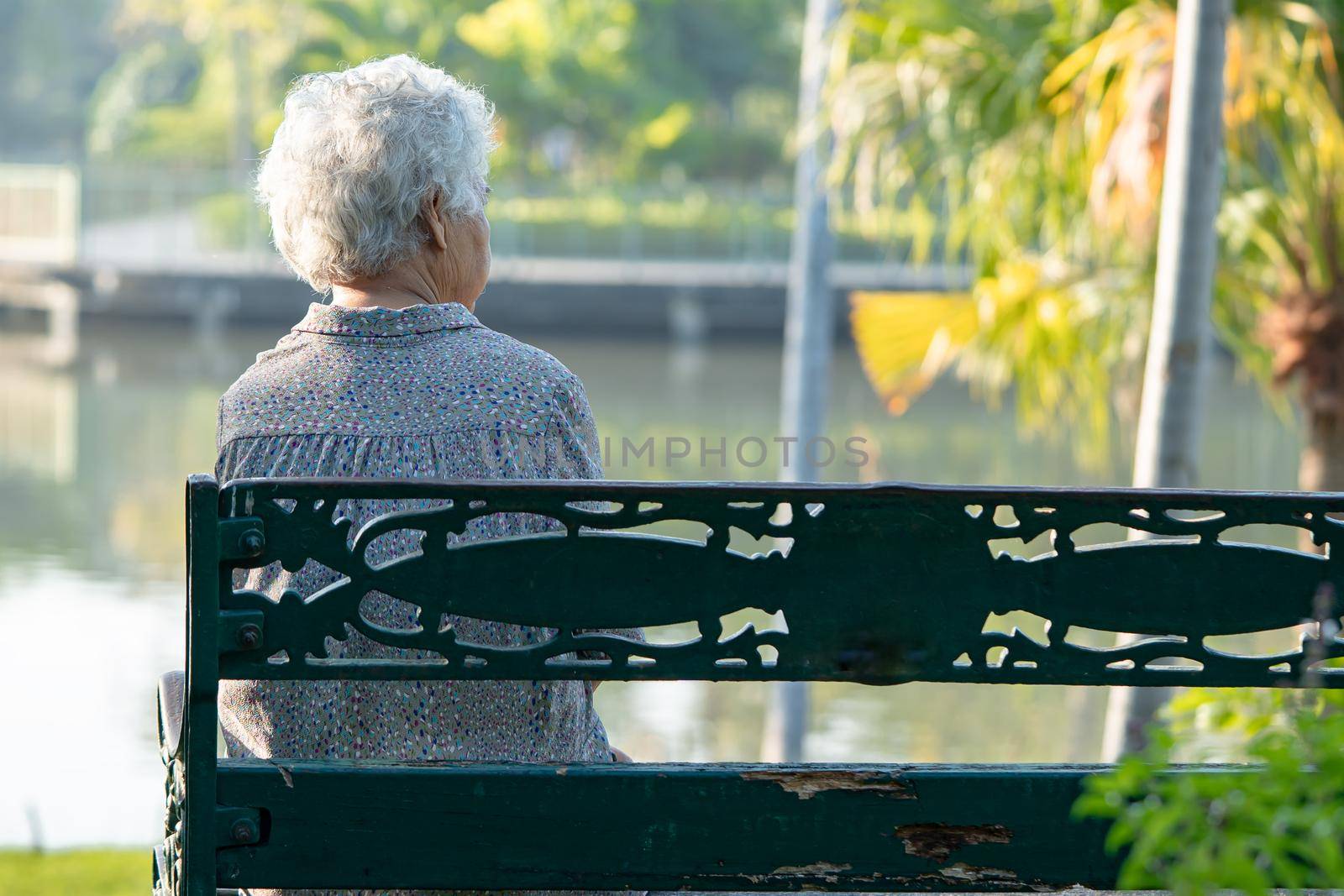 Asian elderly woman depressed and sad sitting back on bench in autumn park. by pamai