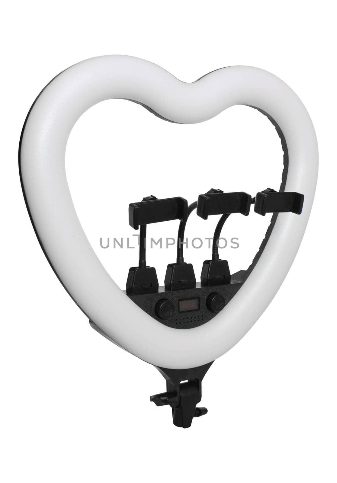 selfie ring lamp with smartphone holder isolated on white background