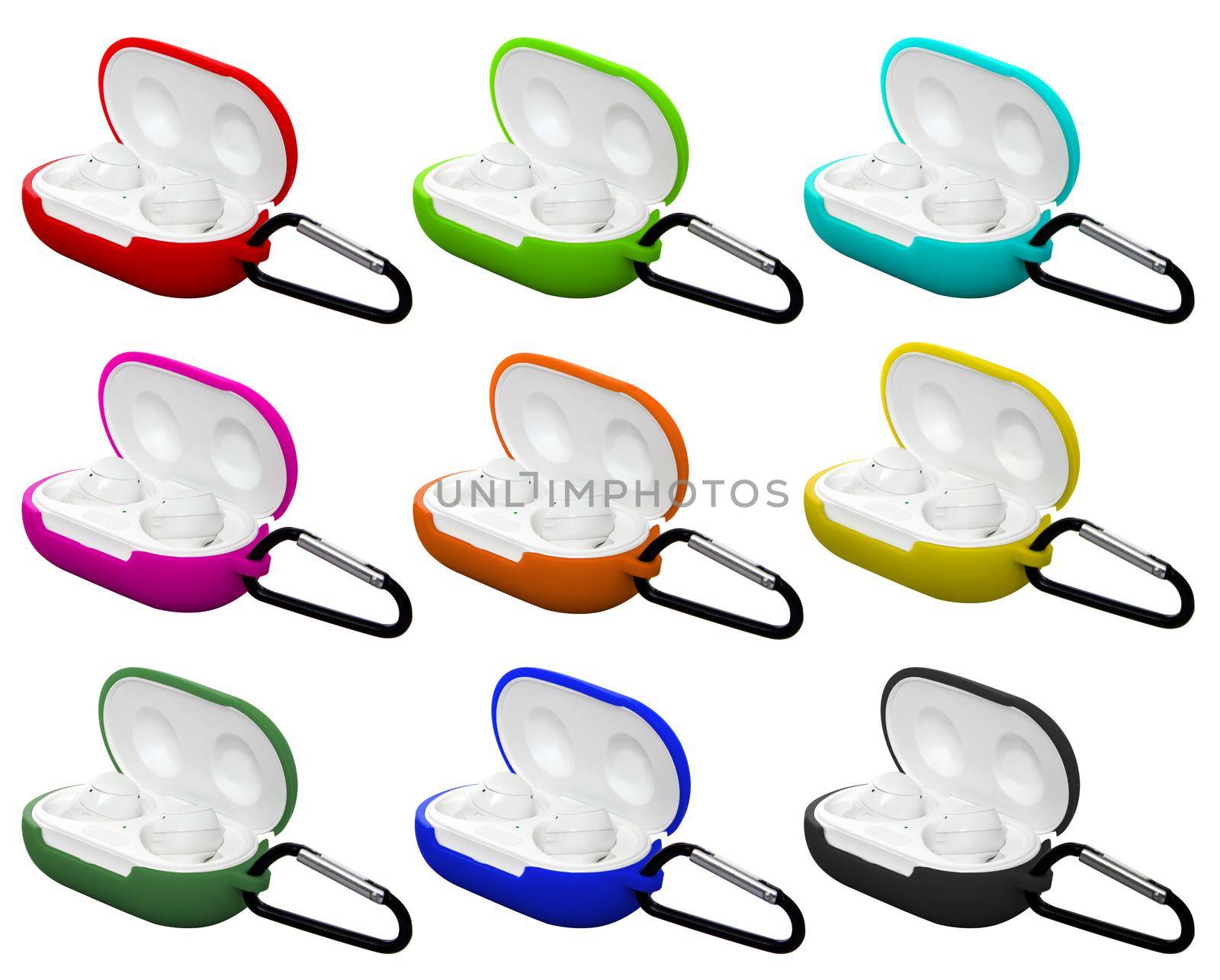 wireless headphones in a silicone case with a carabiner on a white background in isolation collage