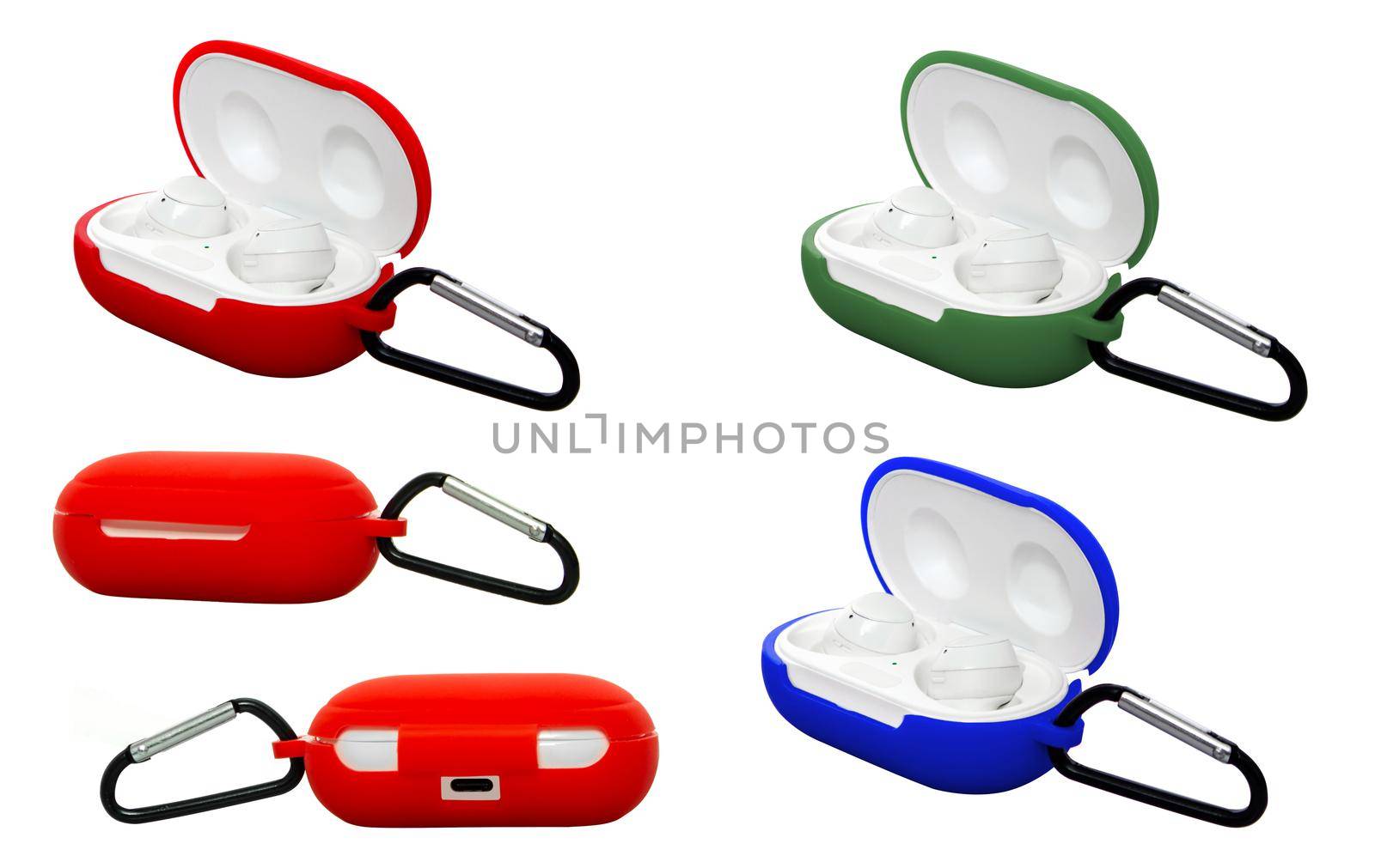 wireless headphones in a silicone case with a carabiner, on a white background in isolation collage by A_A