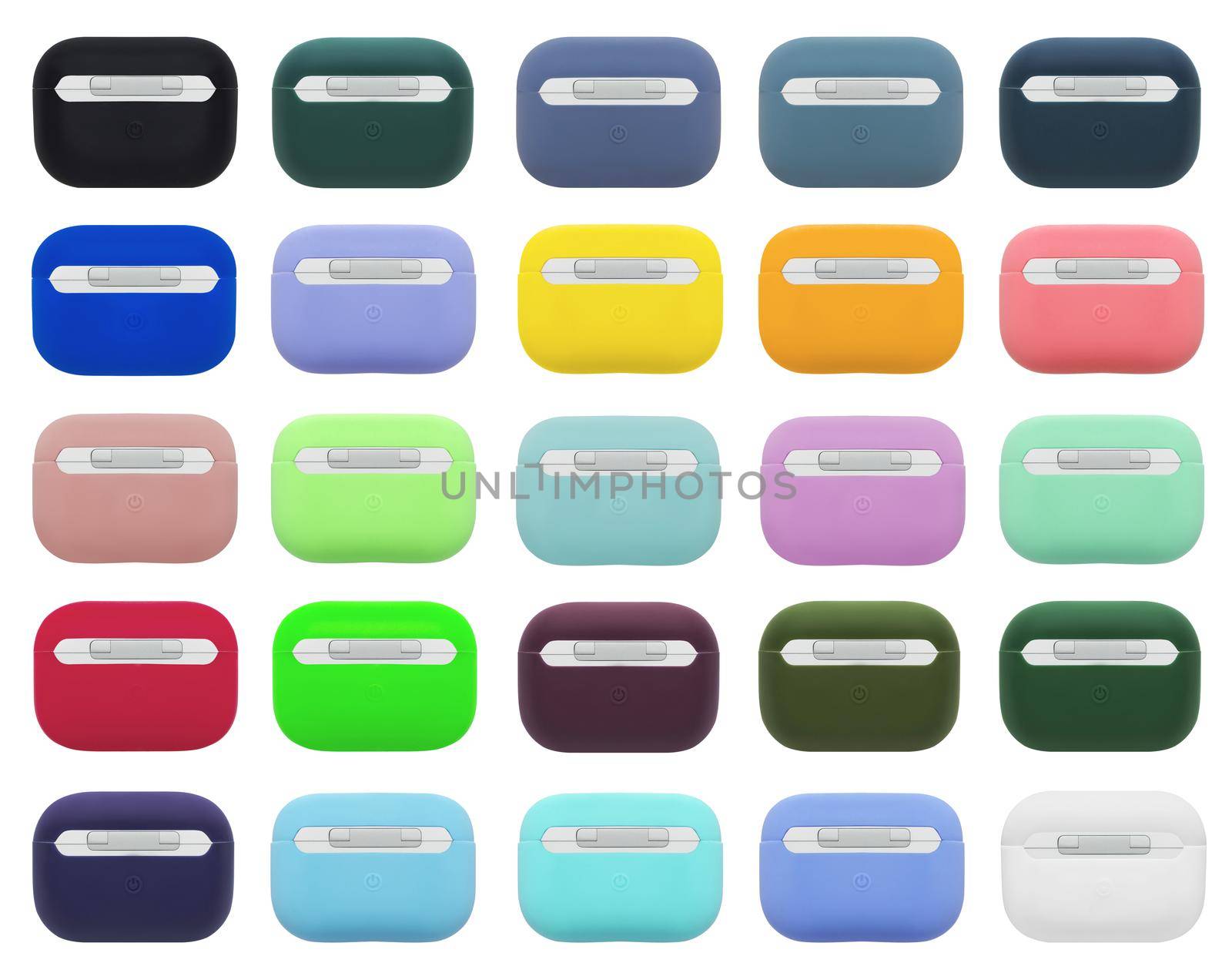 silicone case for wireless headphones isolated on white background, collage