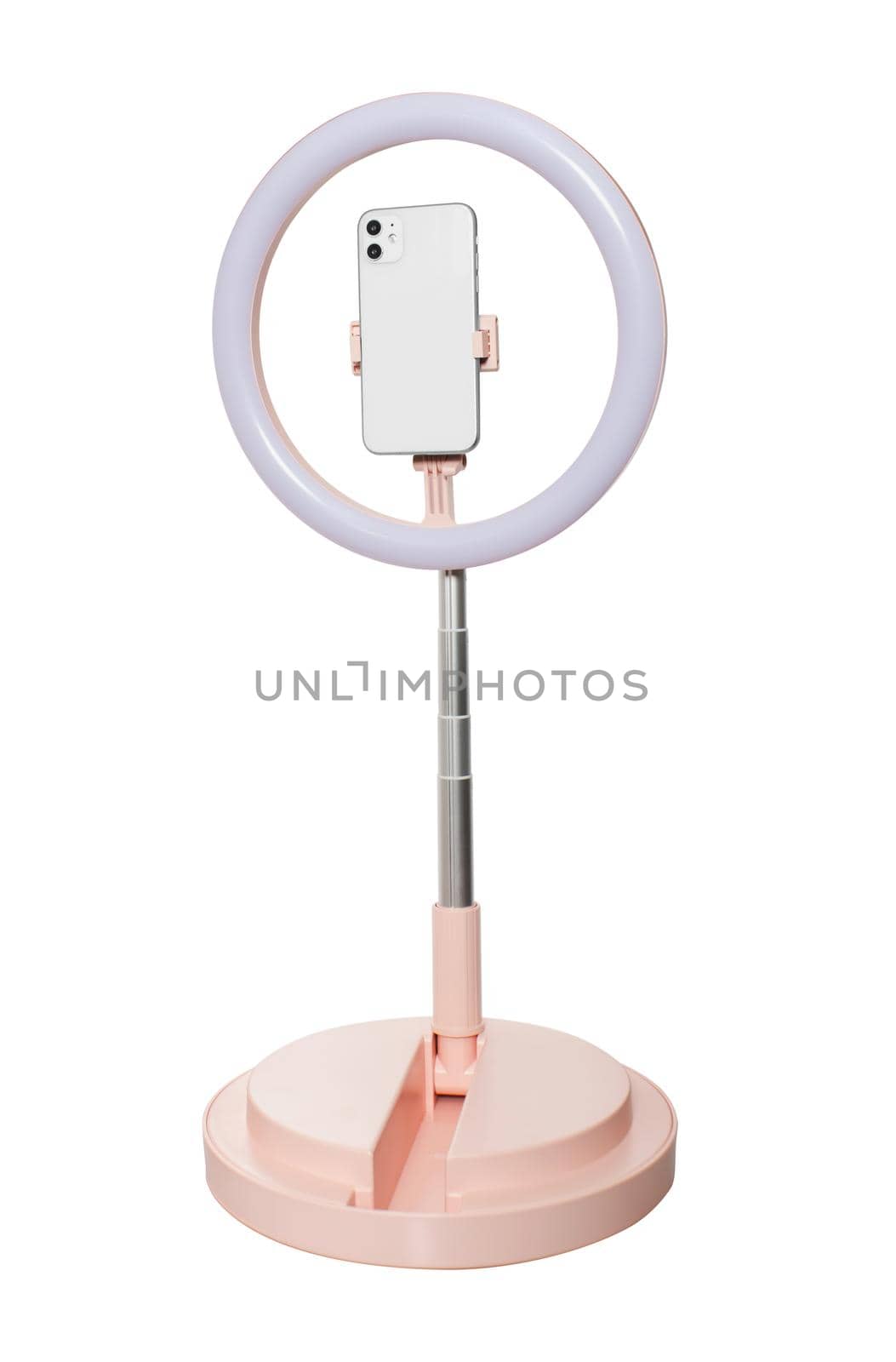 selfie ring lamp with smartphone holder, on stand, isolated on white background