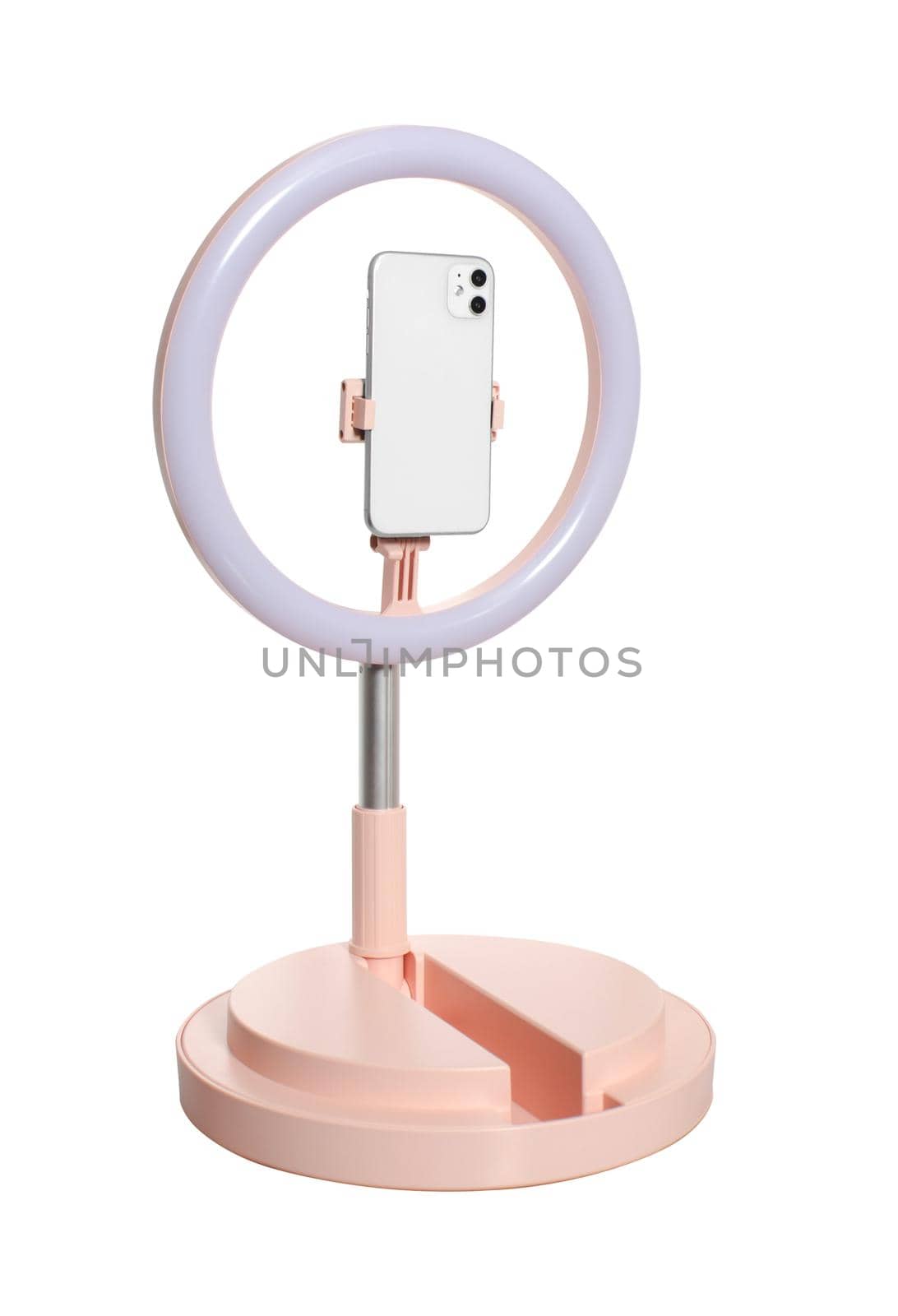 selfie ring lamp with smartphone holder, on stand, isolated on white background