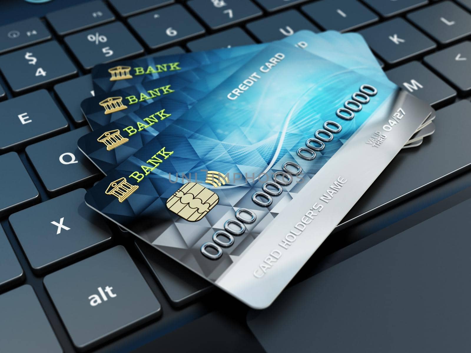 Generic credit card standing on laptop computer. 3D illustration.