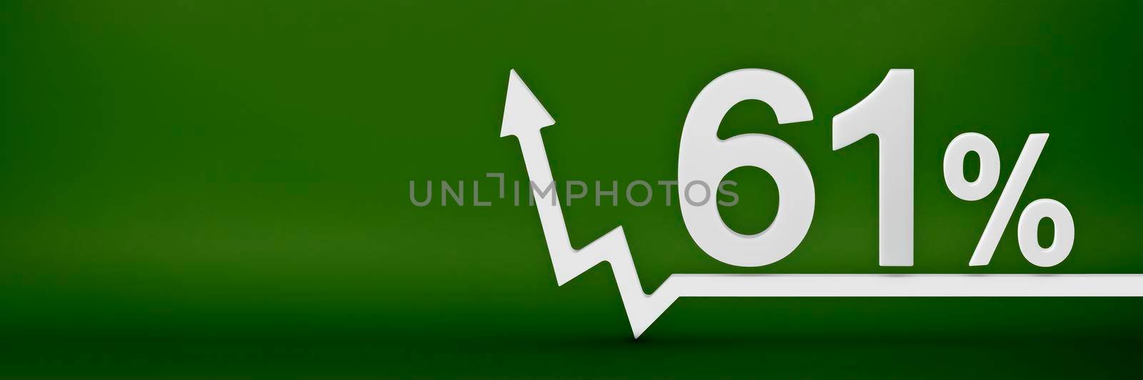 61 percent. The arrow on the graph points up. Rising prices, inflation, increase in income, increase in interest rates, taxes. 3d banner,sixty one percent sign discount on a green background