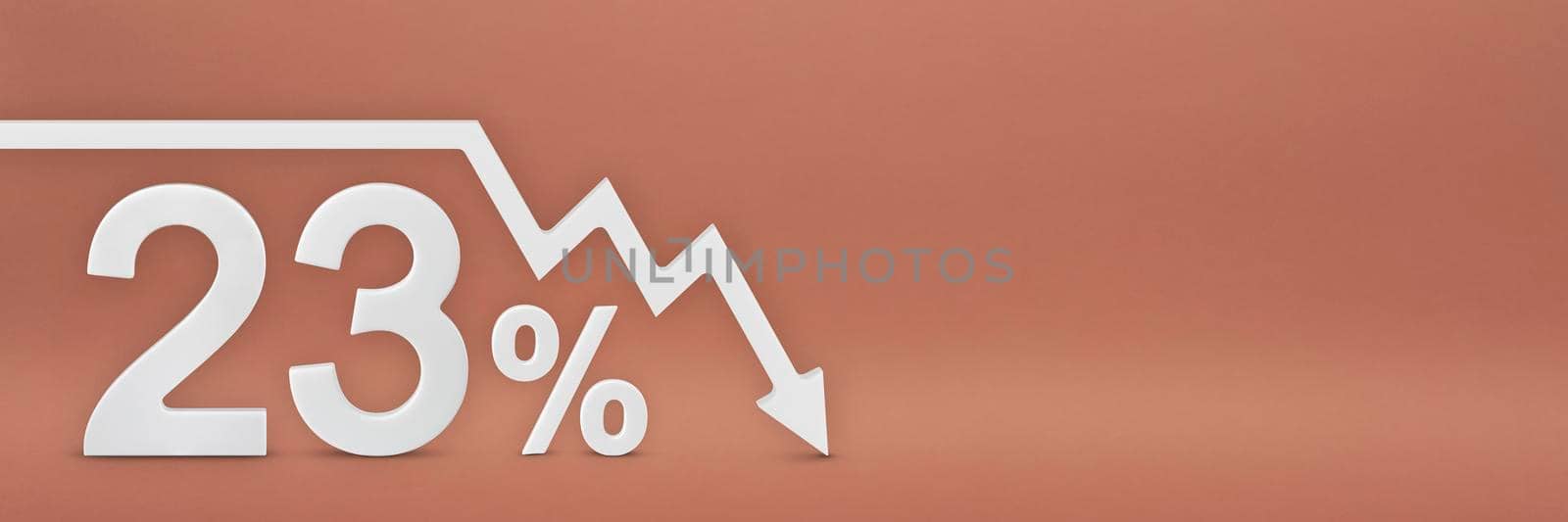 twenty three percent, the arrow on the graph is pointing down. Stock market crash, bear market, inflation.Economic collapse, collapse of stocks.3d banner,23 percent discount sign on a red background