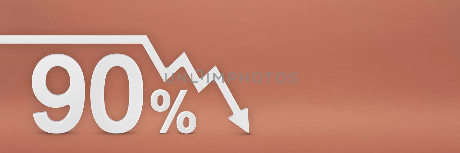 ninety percent, the arrow on the graph is pointing down. Stock market crash, bear market, inflation.Economic collapse, collapse of stocks.3d banner,90 percent discount sign on a red background. by SERSOL