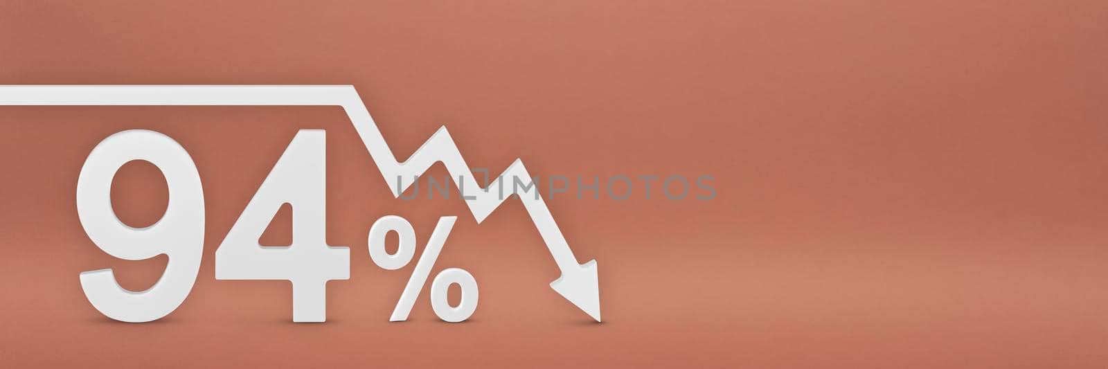 ninety-four percent, the arrow on the graph is pointing down. Stock market crash, bear market, inflation.Economic collapse, collapse of stocks.3d banner,94 percent discount sign on a red background