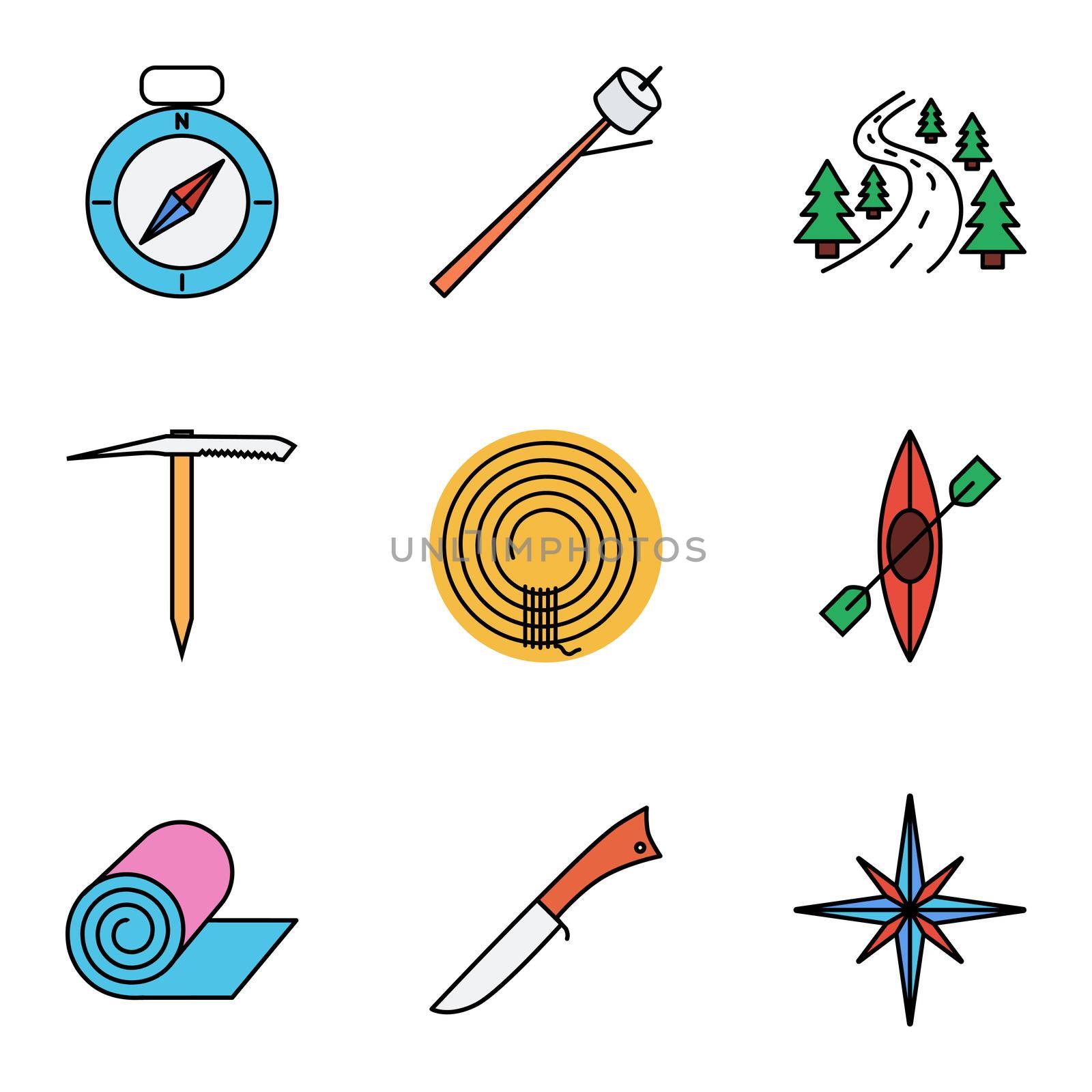 Camping flat icon set for web and mobile applications. Set includes - compass, marshmallov, road, ice axe, rope, canoe, penknife, mat, wind rose. It can be used as - logo, pictogram, icon, infographic element.