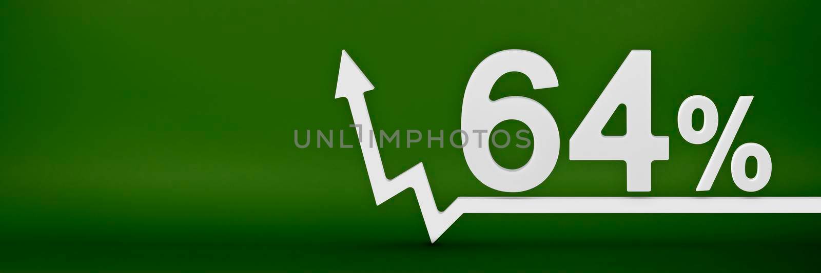 64 percent. The arrow on the graph points up. Rising prices, inflation, increase in income, increase in interest rates, taxes. 3d banner, sixty four percent sign discount on a green background. by SERSOL