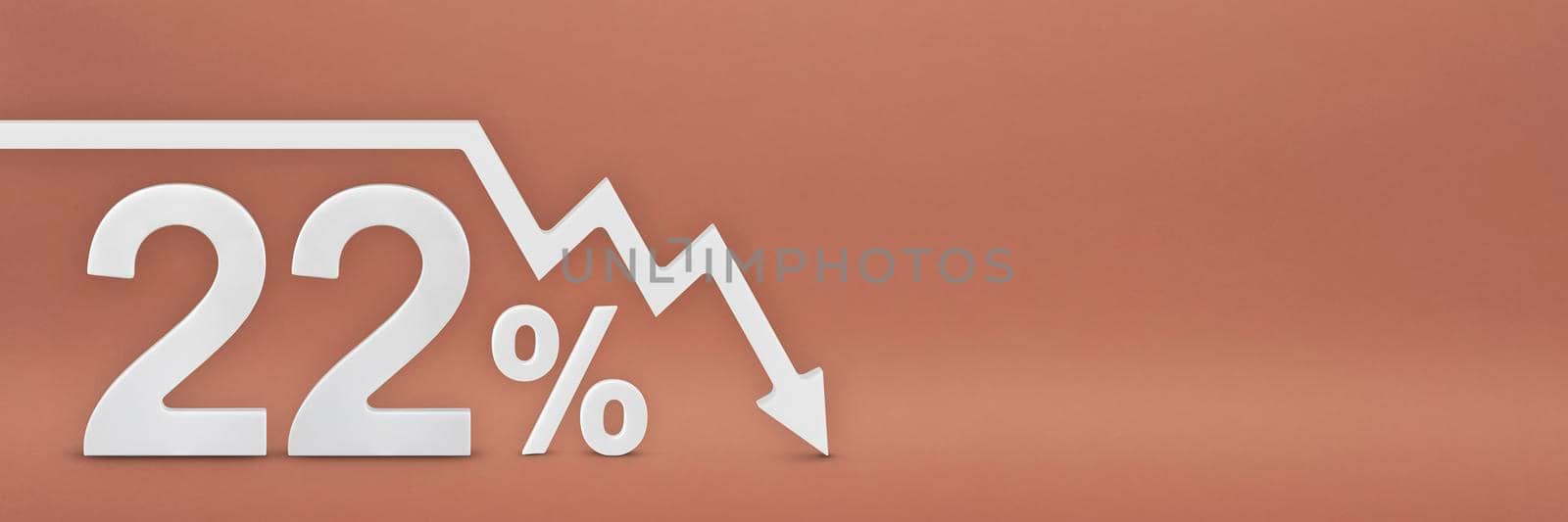 twenty-two percent, the arrow on the graph is pointing down. Stock market crash, bear market, inflation.Economic collapse, collapse of stocks. 3d banner, 22 percent discount sign on a red background. by SERSOL