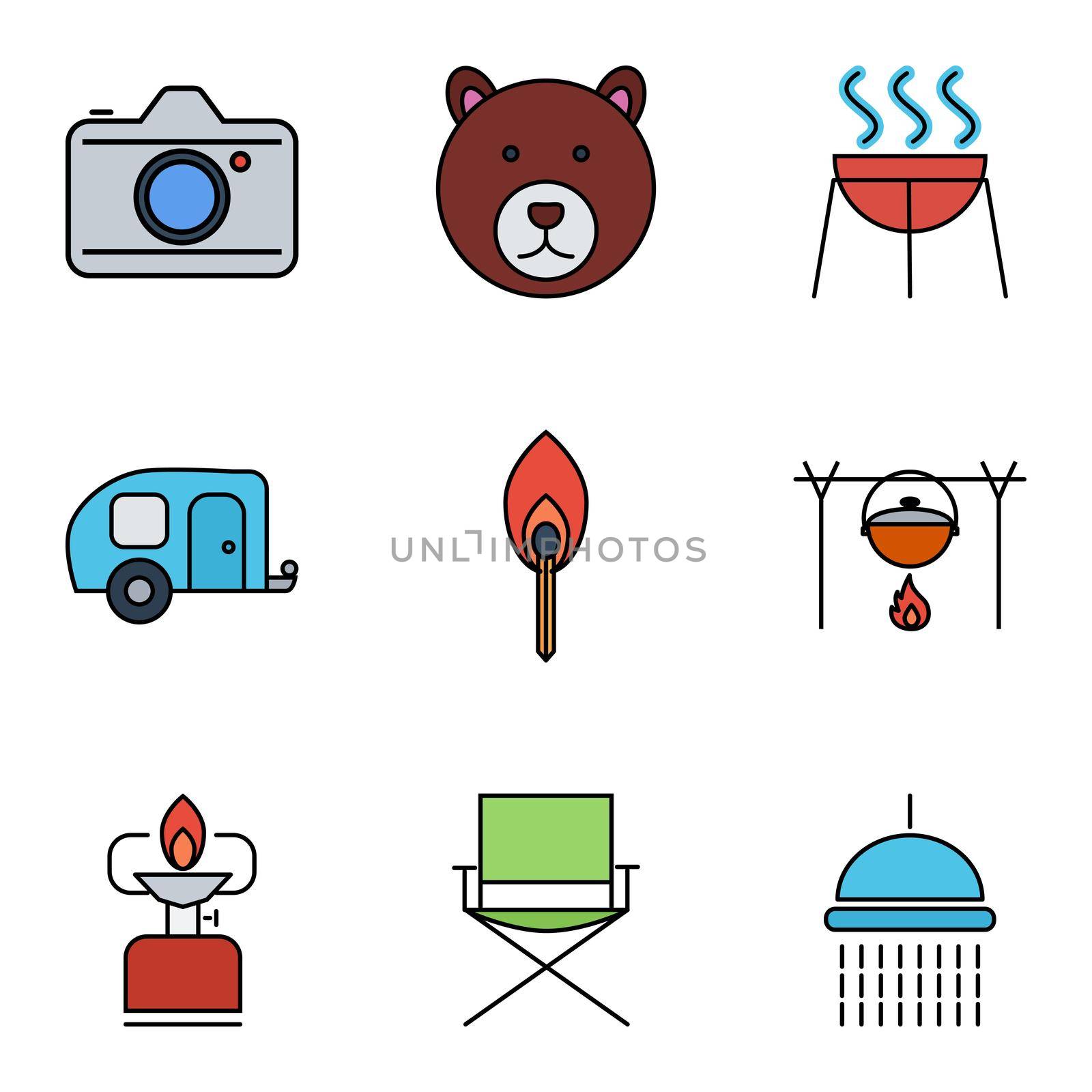 Camping flat icon set for web and mobile applications. Set includes - bear, camera, BBQ, trailer, match, pot, camping stove, chair, shower. It can be used as - logo, pictogram, icon, infographic element.