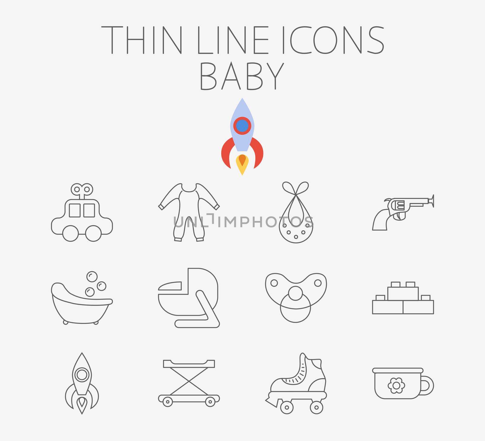 Baby thin line icon set for web and mobile applications. Set includes - car, bib, blocks, potty, roller skate, gun, bath, car seat, nipple, rocket, baby walker. Pictogram, infographic element.