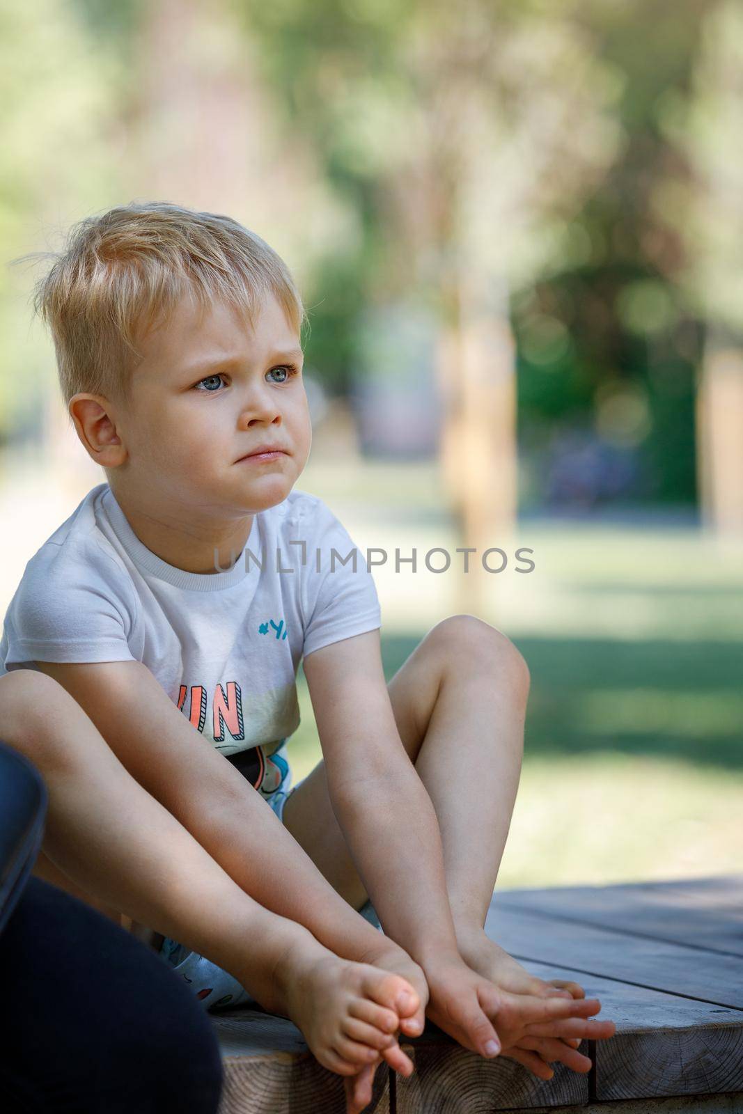 A portrait of a sad little boy in a summer park, a child worried, his eyes full of tears by Lincikas