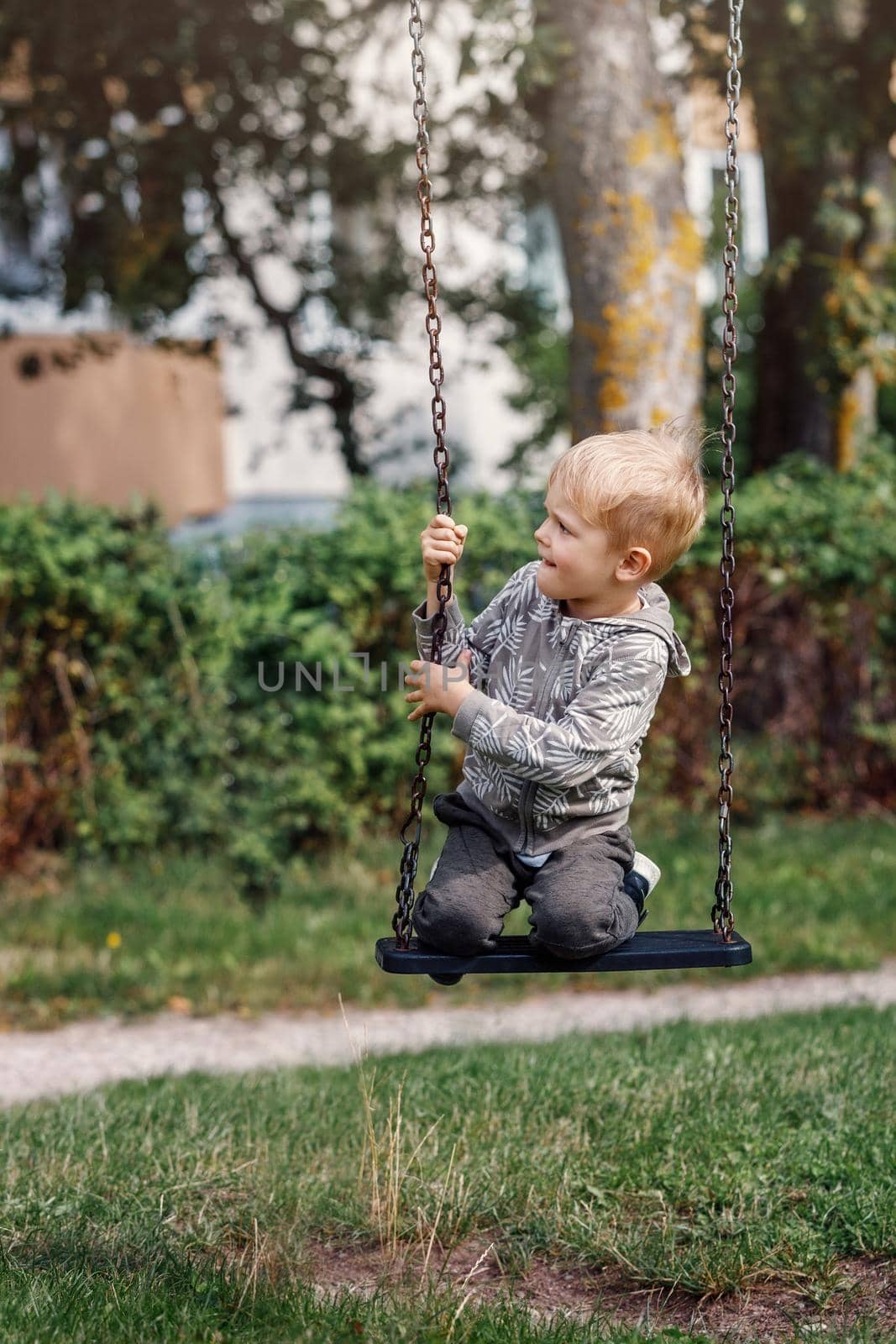 Little boy having fun on a swing on the playground in public park on sunny summer day. Happy child enjoy swinging. Active outdoors leisure for child in city. by Lincikas