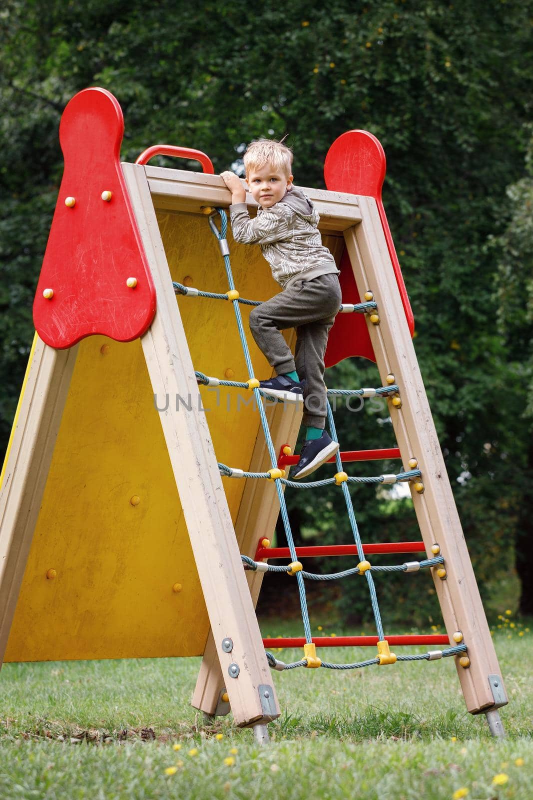 Little boy climbs in a red rope wall web on the playground in the park. A brave child climbs up to the top. by Lincikas