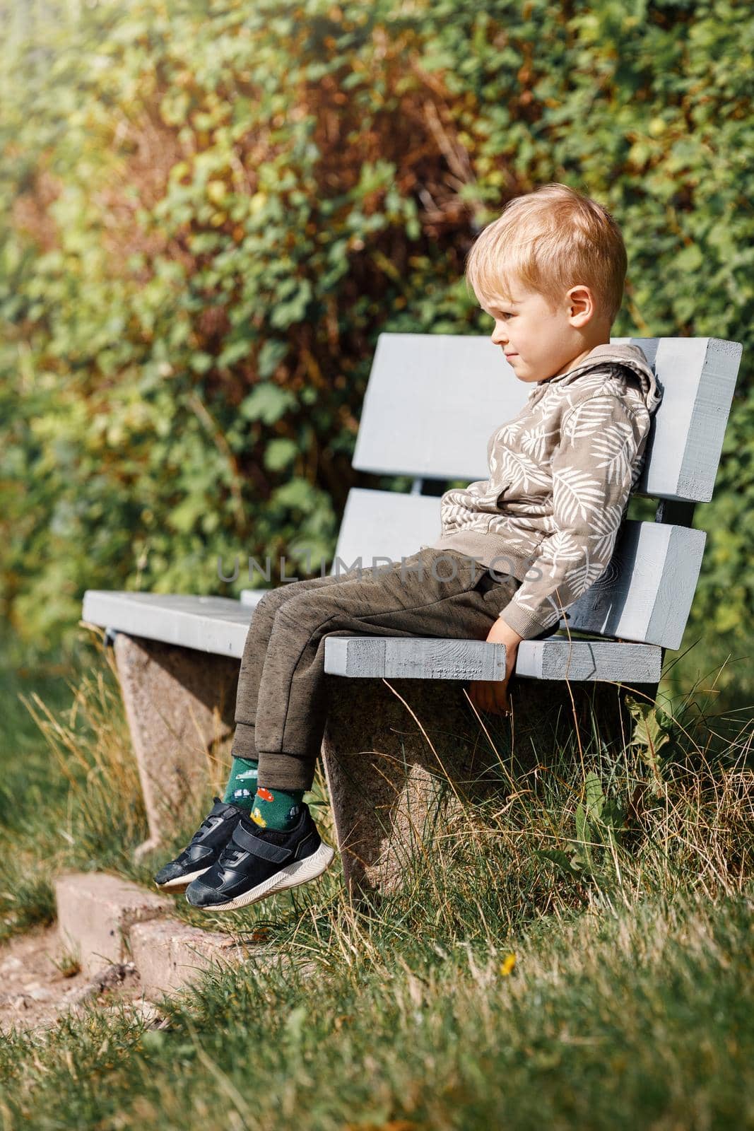 A smiling little boy sits on a wooden gray bench in a city park against the backdrop of green summer foliage and sunlight. by Lincikas