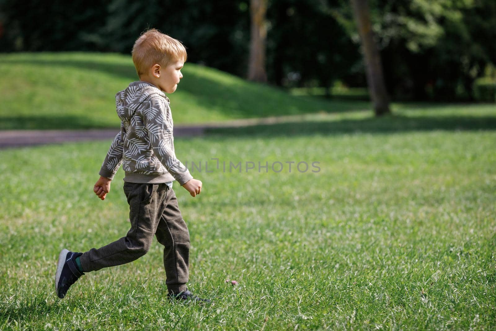 Summer, childhood, leisure and people concept - happy little boy running on green field outdoors.