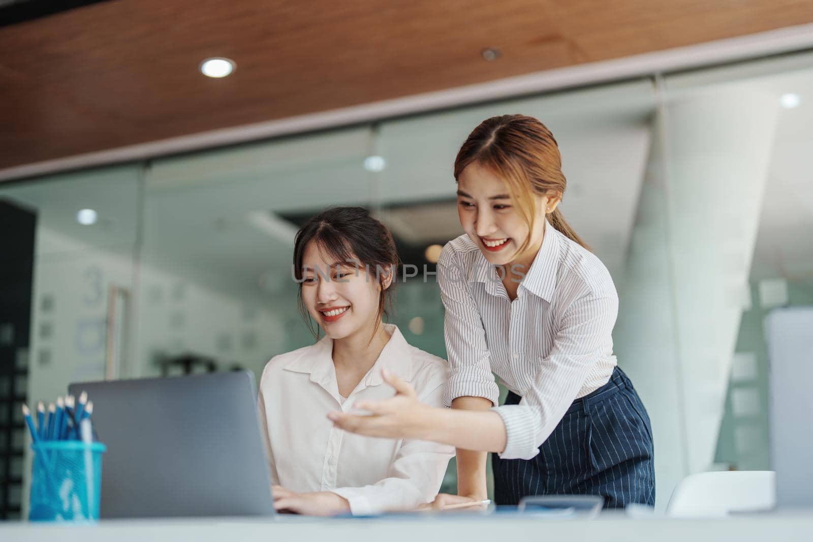 financial, Planning, Marketing and Accounting, portrait of Asian woman Economist using computer and investment documents with partners on profit taking to compete with other companies.