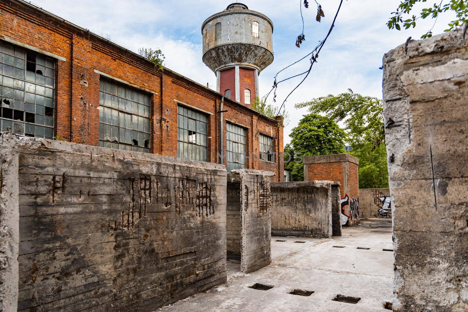 Outdoor view to square and old construction on old boiler building