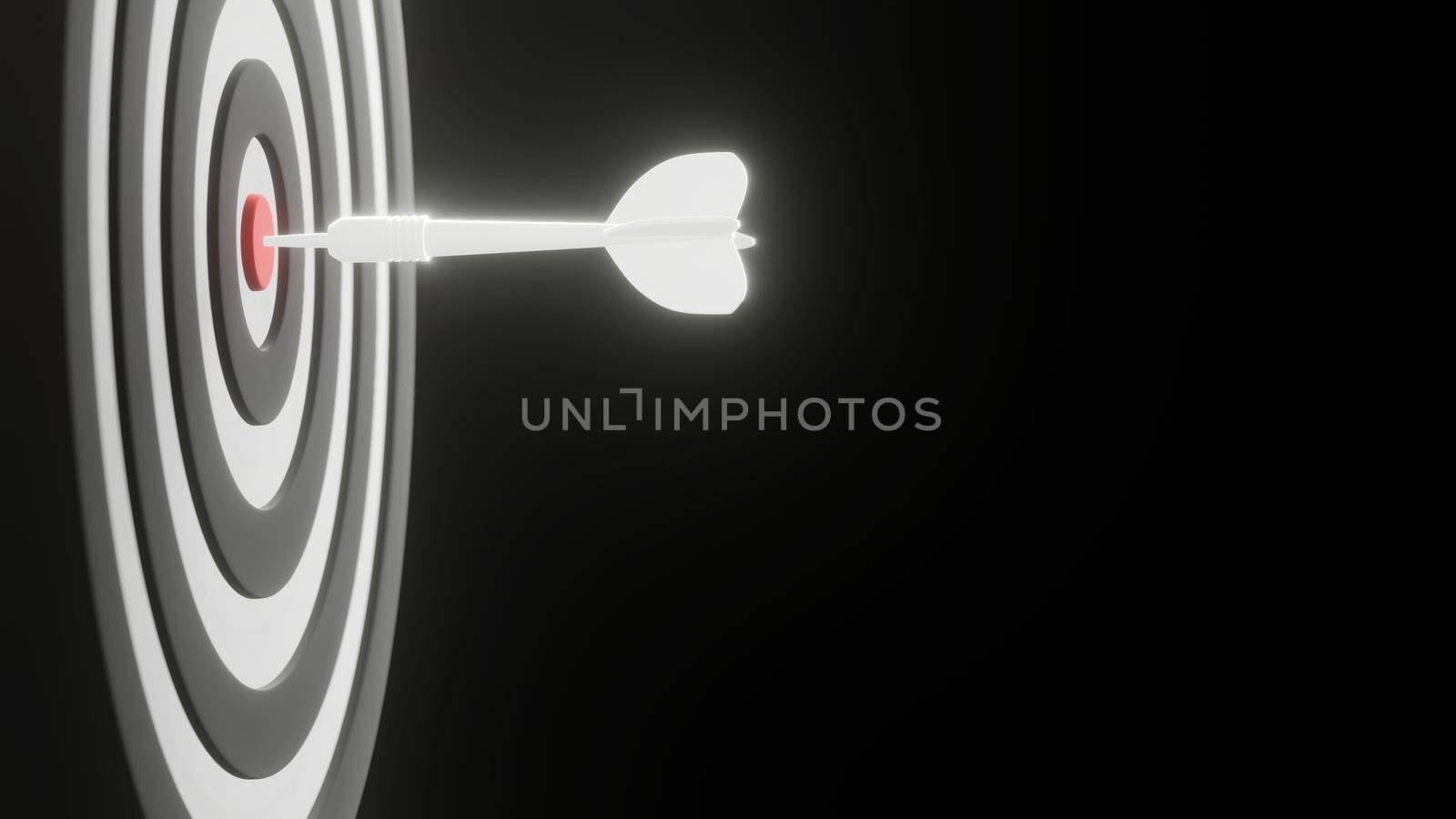 Business target concept design of dartboard with lightbulb dart on black background 3D render