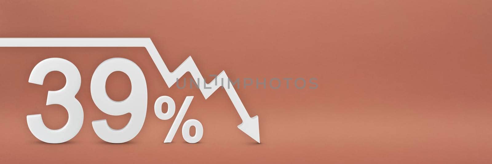 thirty-nine percent, the arrow on the graph is pointing down. Stock market crash, bear market, inflation.Economic collapse, collapse of stocks.3d banner,39 percent discount sign on a red background
