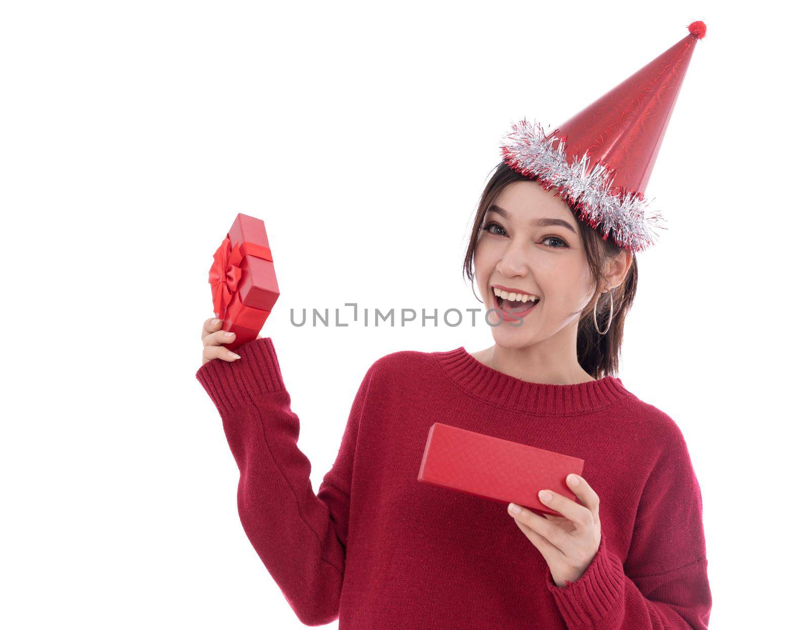 woman open christmas gift box isolated on a white background