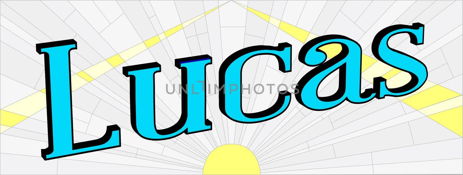 The boys name LUCAS set over an art deco style ray background