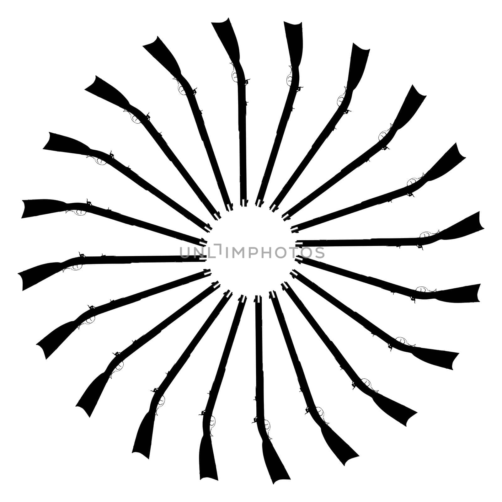 A mandale of old musket rifles in a black and white circle